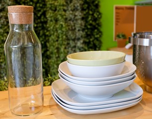 Set of Porcelain Dishes, Bowls Plates and Glass Bottle