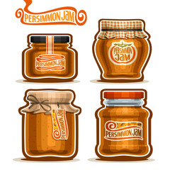 Vector logo Persimmon Jam in Jars with paper cover lid, rustic Pot home made persimmon jams, twine rope bow, homemade fruit jam jar, farm dessert pot with label, checkered cloth cap, isolated on white