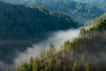 Fantastic sunny hills with fog illuminated by the morning sun in Apuseni Mountains, Romania. Dramatic scenery.