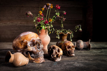 Still Life with a Skull and vase,earthenware
