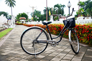 Fototapeta na wymiar Bicycle stop at front of Wat Phu Mintr or Phumin Temple in Nan,