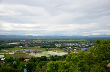 Fototapeta na wymiar Aerial view landscape of Nan city from Wat Phra That Khao Noi
