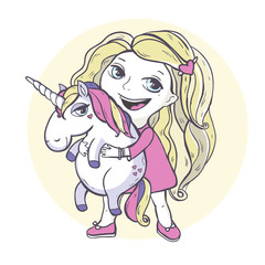  Girl and cartoon magic unicorn.
