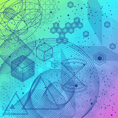 Sacred spiritual geometry symbols and elements background. Mesh with triangles, circles and squares. Geometric religion sign with spiritual energy. Spiritually theme.