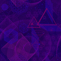 The science and mathematics abstract background with circles, cube, triangles and a lot of lines. Sacred geometry backdrop. The chemistry and astrology. Graphic elements for identity design.