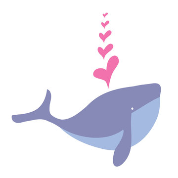 Happy cartoon whale and heart, water cartoon whale animal.