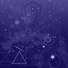 The science and mathematics abstract background with circles, cube, triangles and a lot of lines. Sacred geometry backdrop. The chemistry and astrology. Graphic elements for identity design.