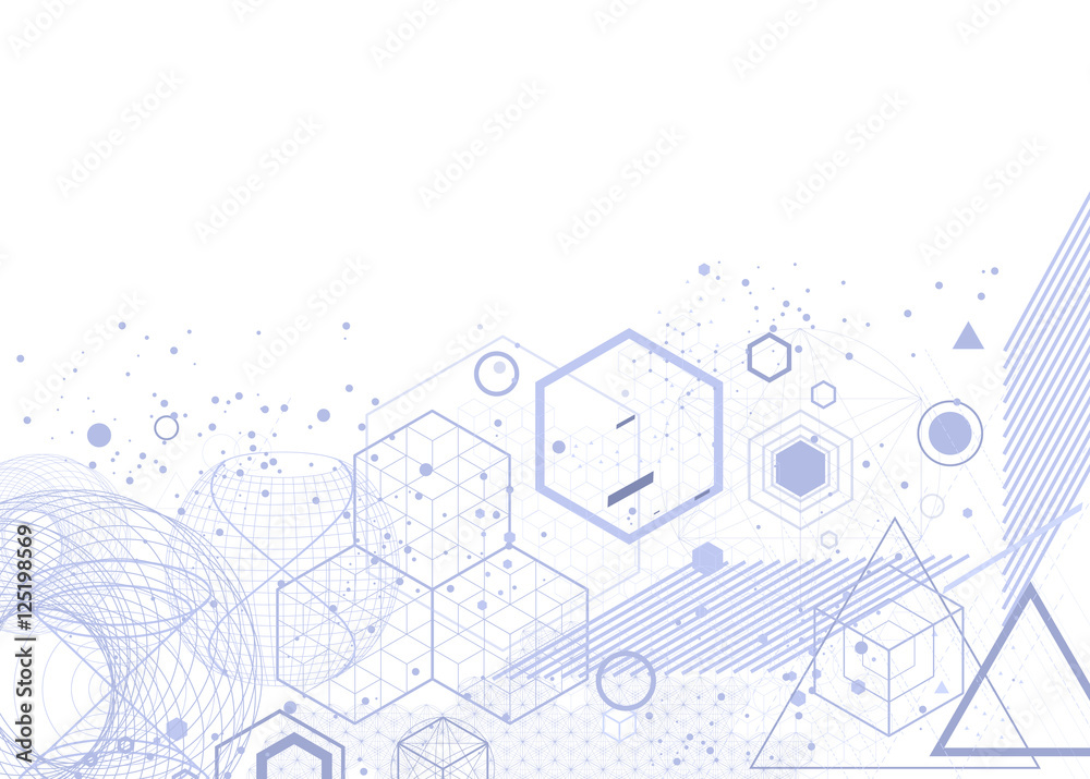 Wall mural the science and mathematics abstract background with circles, cube, triangles and a lot of lines. sa