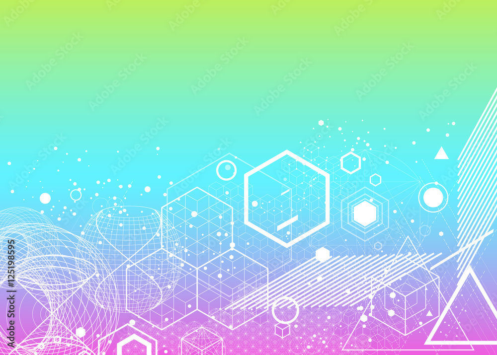 Wall mural the science and mathematics abstract background with circles, cube, triangles and a lot of lines. sa