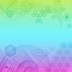 The science and mathematics abstract background with circles, cube, triangles and a lot of lines. Sacred geometry backdrop. The chemistry and astrology. Graphic elements for identity design.