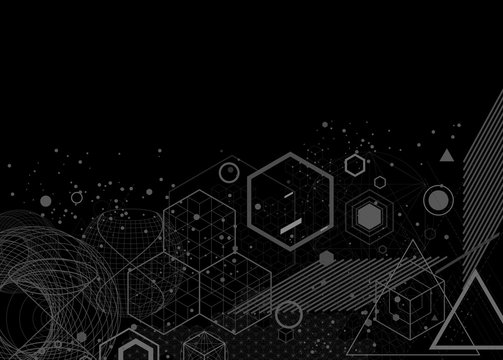 The science and mathematics abstract background with circles, cube, triangles and a lot of lines. Sacred geometry backdrop. The chemistry and astrology. Graphic elements for identity design.