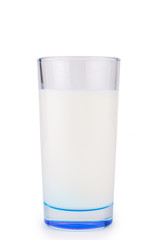 A glass of milk with a blue bottom. On white, isolated background.