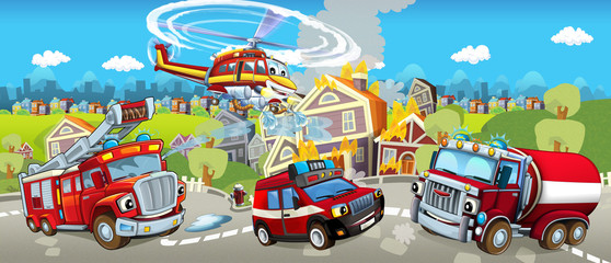 Cartoon stage with different machines for firefighting - colorful and cheerful scene - illustration for children