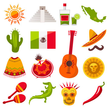 Mexico icons set. Sun, Moai  pyramid, tequila, Mexico map, flag, cactus, guitar, peyote, sombrero, moustache, poncho, dancing girl, coin, bean, chili pepper, crocodile, maracas. Vector 