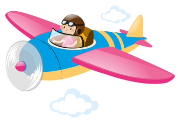 Pilot flying in colorful airplane