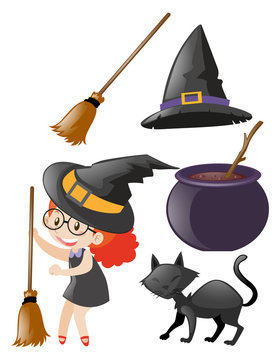 Halloween set with witch and other elements