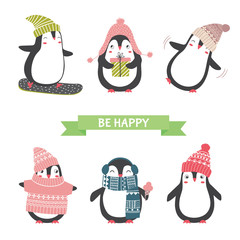 Obraz premium Christmas and new year card with cute penguins in different clot