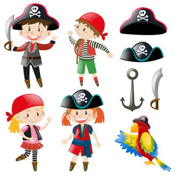 Kids in pirate costume and parrot pet
