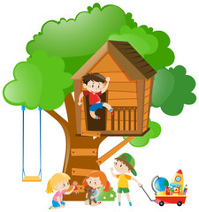 Many kids playing on the treehouse