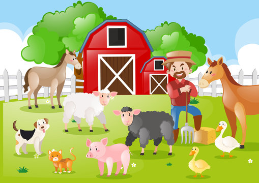 Farmer and farm animals in the farmyard