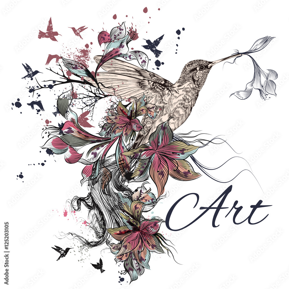 Poster Vector background with lily flowers and bird in engraved style
