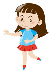 Little girl in blue shirt and red skirt