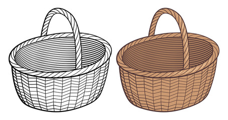Obraz premium Empty wicker basket. Stylized handdrawn vector illustration, outline and colored version. Isolated on white