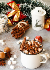Obraz na płótnie Canvas Hot cocoa with marshmallows, cinnamon and caramel sauce 