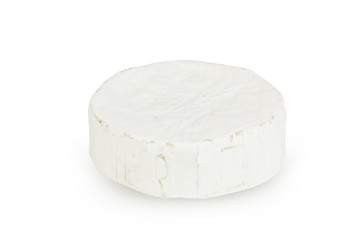 Fresh brie cheese with white mold on a white background