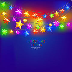 Round colorful christmas stars lights on blue background.  Christmas garland. Vector illustration.