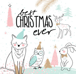 Hand drawn christmas card with cute animals