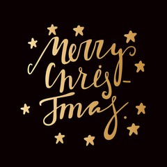 Hand drawing text for Merry Christmas. Golden letters. Gold stars. Greeting card