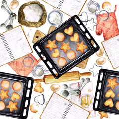  Baking Cookies. Watercolor seamless pattern. 