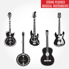 Set of black and white string plucked musical instruments, vector illustration
