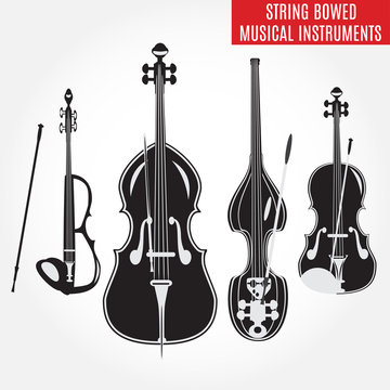 Set of black and white string bowed musical instruments, vector illustration
