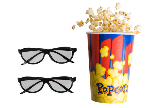 3d glasses and popcorn on isolated write  background