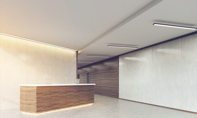 Close up of wooden sunlit reception counter