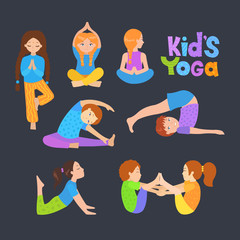 Cute kids doing yoga exercises. Yoga kids set. Gymnastics for children and healthy lifestyle. Vector illustration.