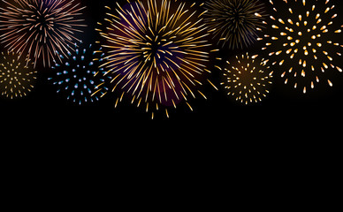 Firework bursting sparkle background set. Colorful night fire, beautiful explosion for celebration, holiday, Christmas, New Year, birthday. Symbol festive, carnival, anniversary. Vector illustration