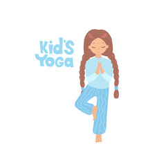 Cute girl doing yoga exercises. Gymnastics for children and healthy lifestyle. Vector illustration.