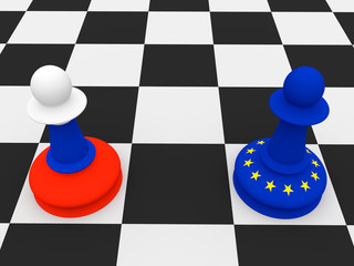 Conflict Between Russia And EU: Russian and EU Flag Chess Pawns, 3d illustration