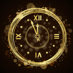 Gold christmas magic clock background. Golden shiny design with sparkles and glitter. Decoration for card, greeting. Symbol of Happy New Year 2017 holiday, countdown. Vector illustration