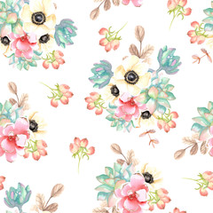 Seamless pattern with flowers and succulents. Watercolor hand drawn 