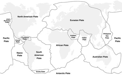 Tectonic plates with names - world map with fault lines of major an minor plates.
