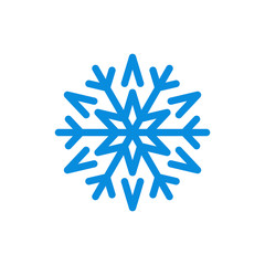 Snowflake icon. Blue silhouette snow flake sign, isolated on white background. Flat design. Symbol of winter, frozen, Christmas, New Year holiday. Graphic element decoration. Vector illustration