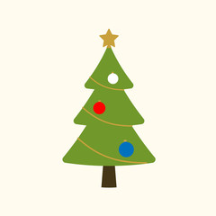 Christmas tree with balls, star. Cartoon icon. Green silhouette decoration sign, isolated on white background. Flat design. Symbol of holiday, Christmas, New Year celebration. Vector illustration