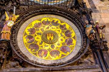 Close-up view on the famous astronomical clock on the town hall in Prague