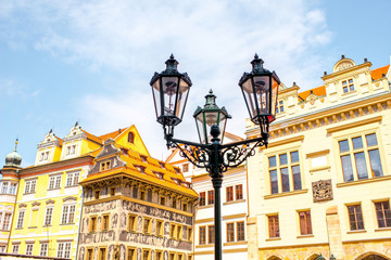 View on the buildings and street lantern on the old square in Prague