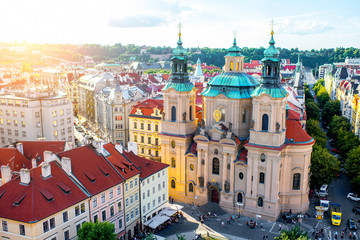 Top view on the old town square with saint Nicholas church in Prague city