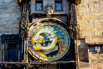 Close-up view on the famous astronomical clock on the town hall in Prague